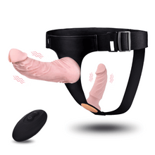 Laden Sie das Bild in den Galerie-Viewer, Doppeldildos – Silikon-Umschnalldildo mit abnehmbarer Steuerung und Vibration