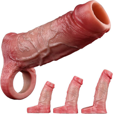 Flüssigsilikon Realistische Penishülle mit Hodenring und Venenstruktur Penismanschetten Cock Sleeve für Penisvergrößerung und Zeit Verlängern Penis Sleeve Extrem Sexspielzeug für Männer