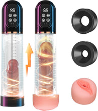 Laden Sie das Bild in den Galerie-Viewer, Penispumpe für Penisvergrößerung Sex Spielzeug für die Männer, Elektrische Penis Vakuumpumpe mit Taschenmuschi 4 + 3 Saugstufen, IPX7 100% Wasserdicht Erektion Masturbator mit 2 Silikonhülsen