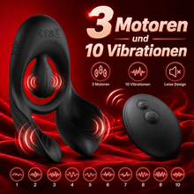 Laden Sie das Bild in den Galerie-Viewer, Doppelter Hodenvibrator Penis Trainer Stimulator mit 3 Motoren und 10 Vibrationen