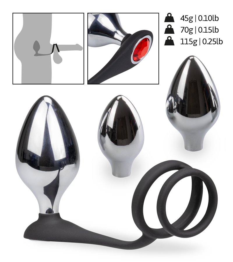 Analschmuck mit Doppel-Cockring und 3 Plugs