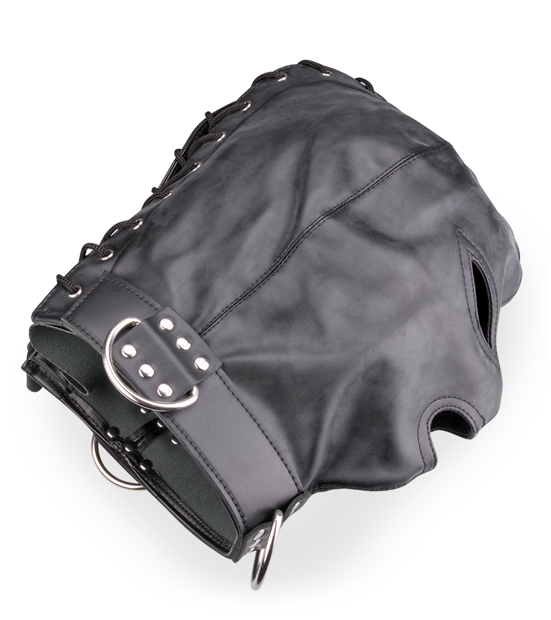 Bondage-Haube aus Kunstleder mit drei Öffnungen und Ringen