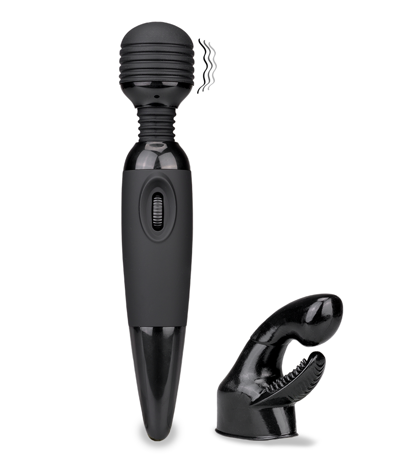 Schwarzer Fantasy Wand Massager mit 2 Aufsätzen